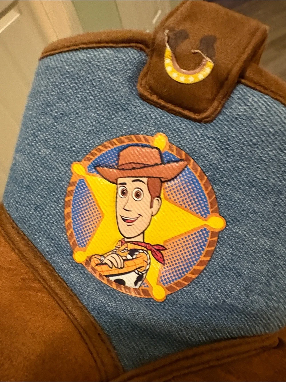 Toy Story Sheriff Woody Cowboy Western Boot Slippers Denim Brown size 9-10
